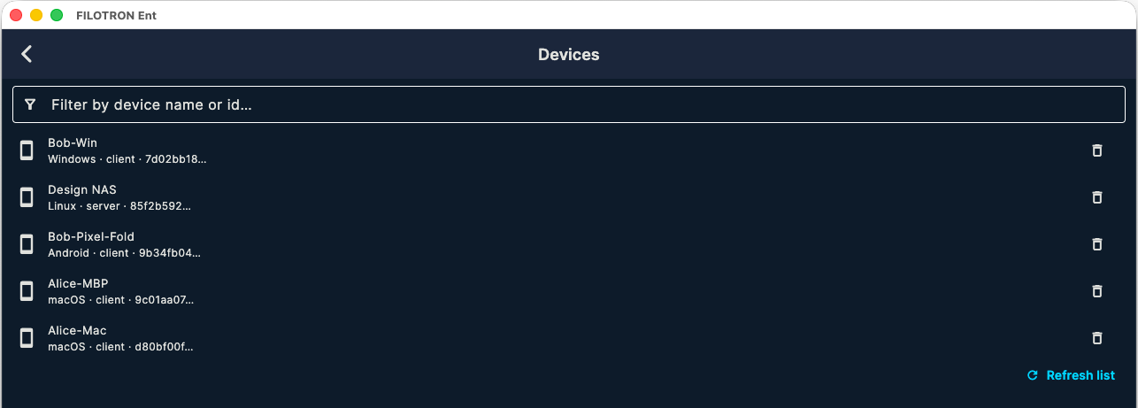 Administration, Devices: five enrolled devices listed with platform, role and opaque device id, a filter field and a Refresh list button.