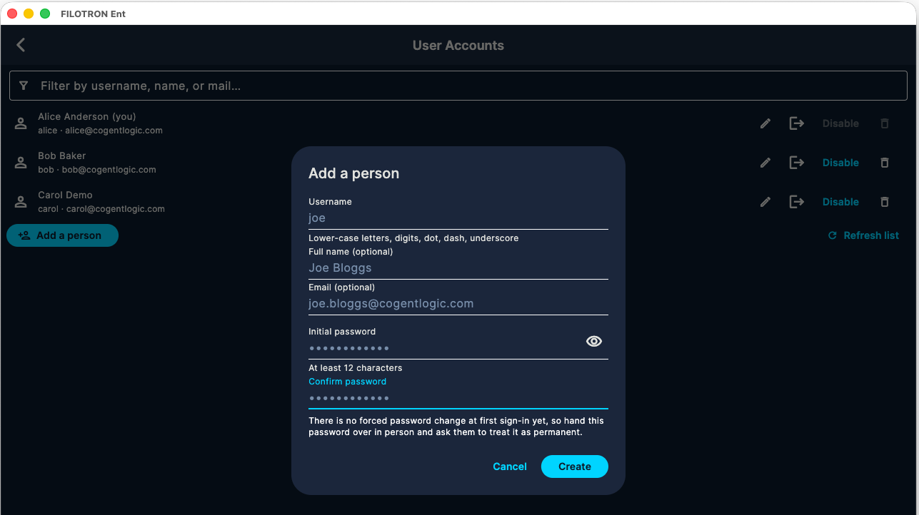 User Accounts with the Add a person dialog: username, optional full name and email, and an initial password entered twice.